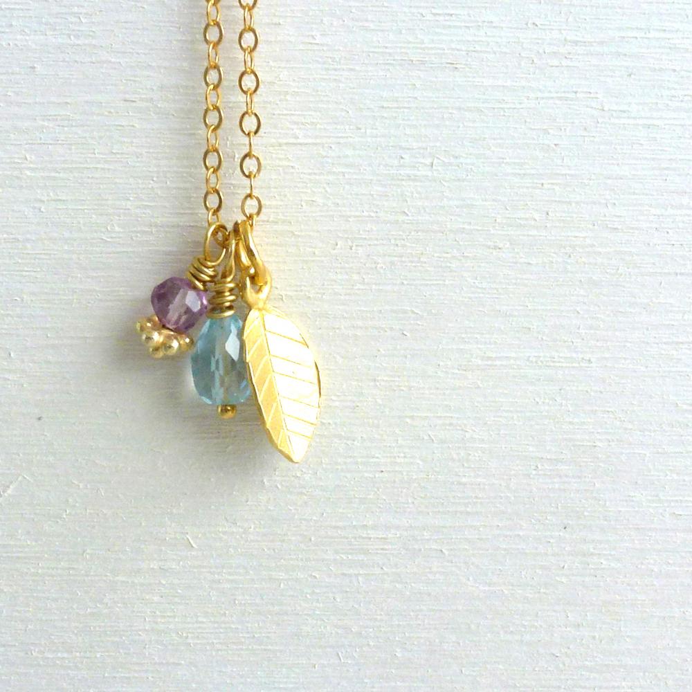 Leaf Charm Necklace In Gold Filled With Aquamarine And Amethyst