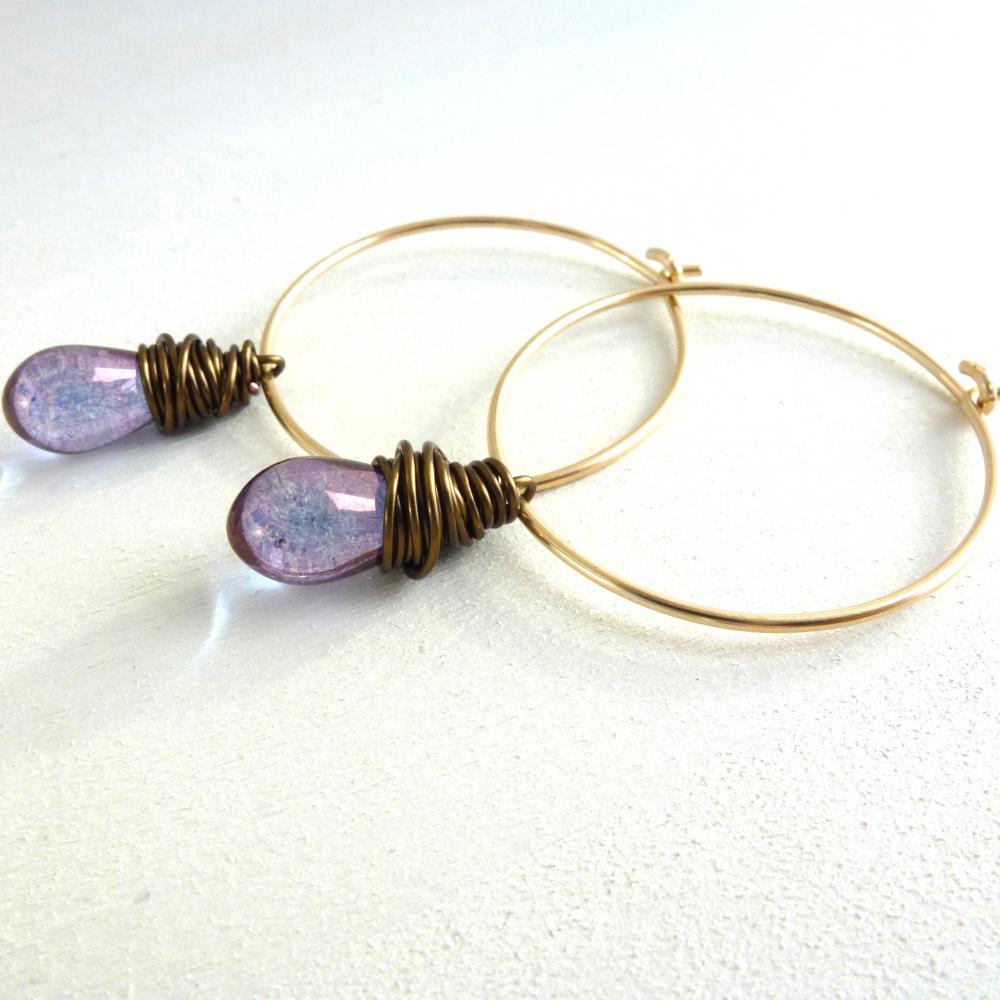 Wire Wrapped Earrings In Gold Filled And Brass With Purple Czech Glass Drops