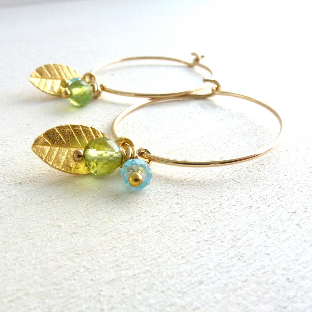 Leaf Earrings In Gold Filled With Apatite And Peridot
