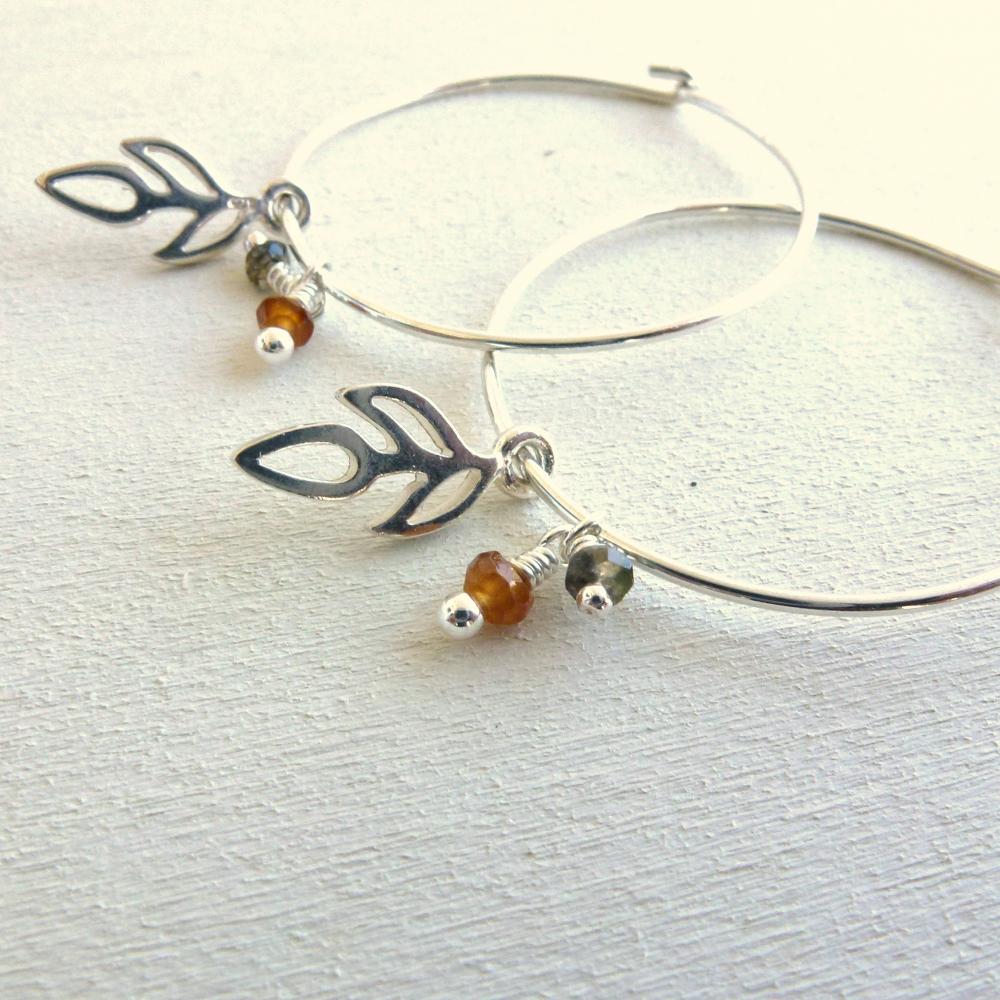 Sterling Silver Hoop Earrings With Charms And Gemstone Dangles
