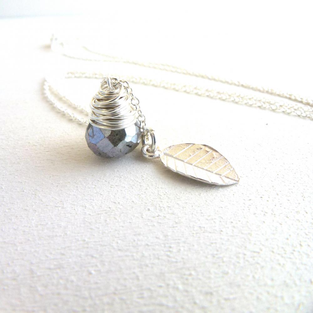 Labradorite Briolette Necklace With Leaf Charm In Sterling Silver