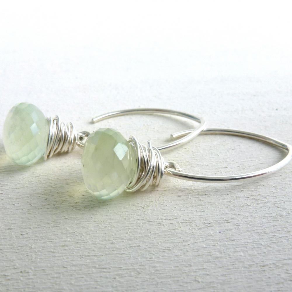 Wire Wrapped Earrings In Sterling Silver With Green Prenhite Briolettes