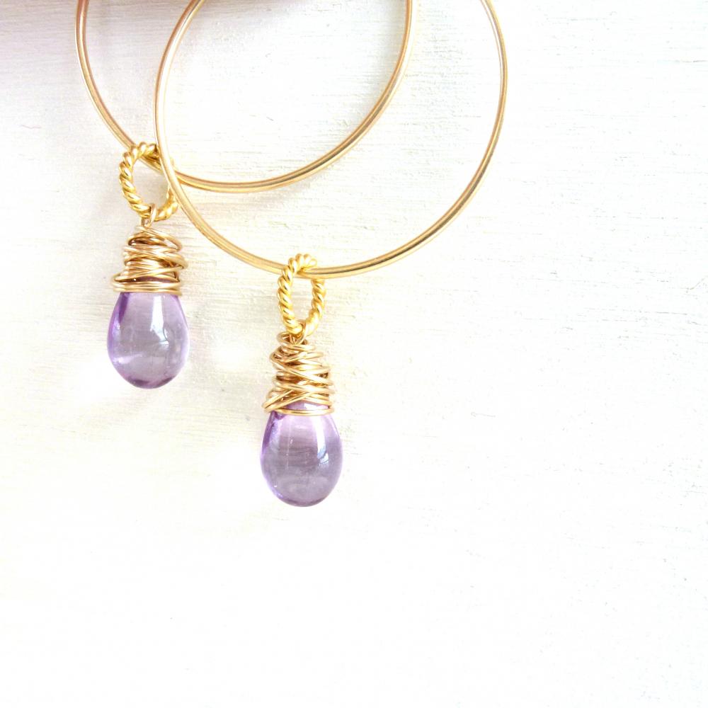 Purple Wire Wrapped Hoop Earrings In Gold Filled With Vermeil And Czech Glass