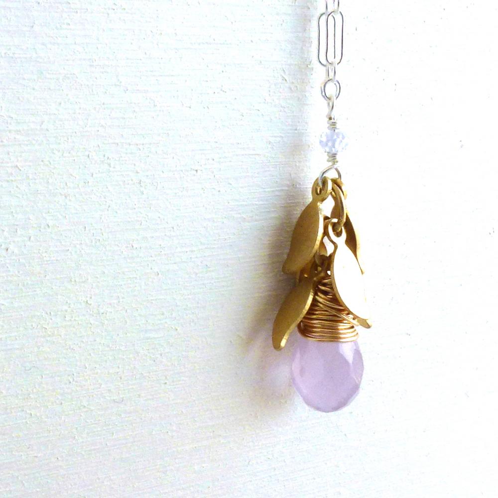 Lavender Chalcedony Necklace In Sterling Silver With Gold Plated Leaf Charms