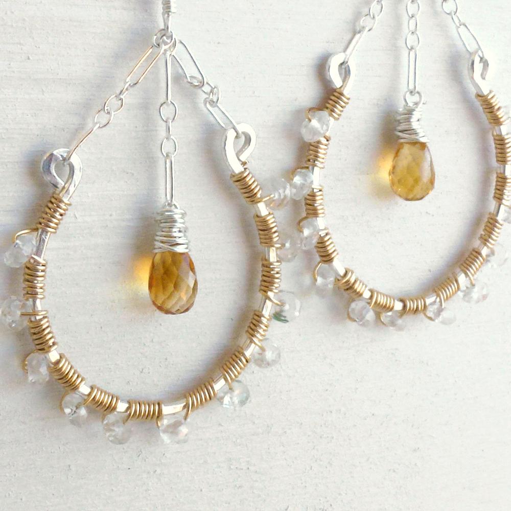 Wire Wrapped Hoop Earrings In Sterling Silver And Gold Filled With Citrine And Aquamarine Gemstones